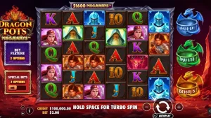 Tampilan visual slot Dragon Pots Megaways dengan tema naga dan kuali ajaib