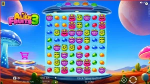 Tampilan visual slot Alien Fruits 3 dengan tema luar angkasa neon