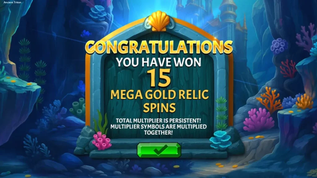 Ancient Triton slot underwater theme with golden trident and treasure